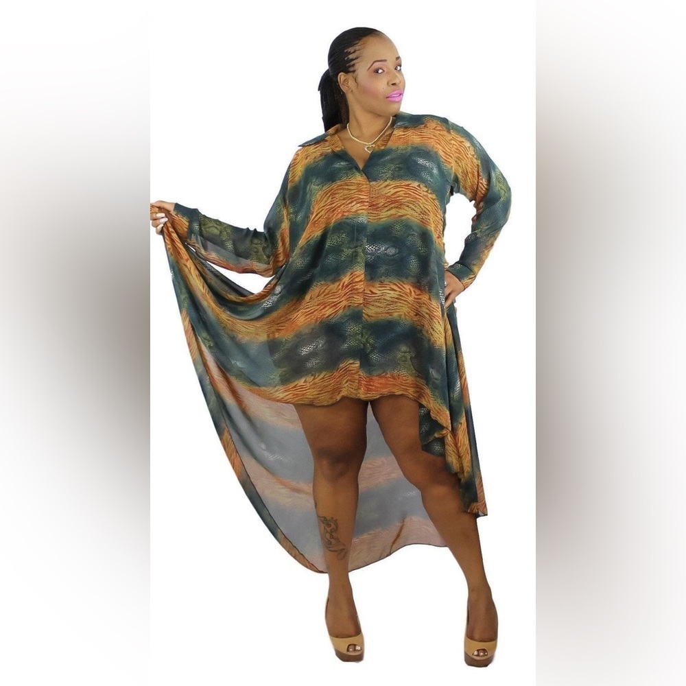 #54 Sheer Asymmetric Button Down Snake Print Maxi Top